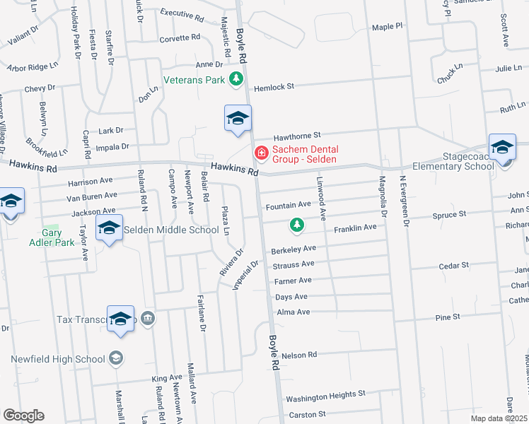 map of restaurants, bars, coffee shops, grocery stores, and more near 142 Fountain Avenue in Selden