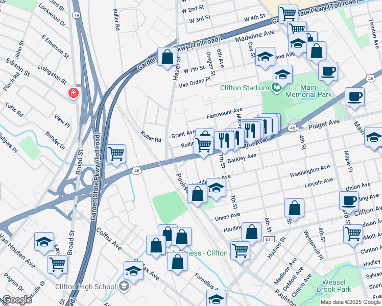 map of restaurants, bars, coffee shops, grocery stores, and more near 544 U.S. 46 in Clifton