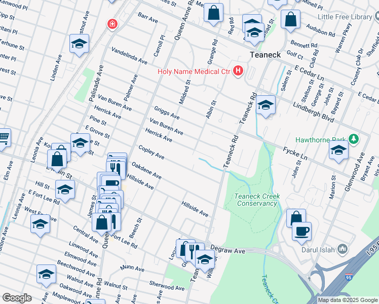 map of restaurants, bars, coffee shops, grocery stores, and more near 525 Albin Street in Teaneck