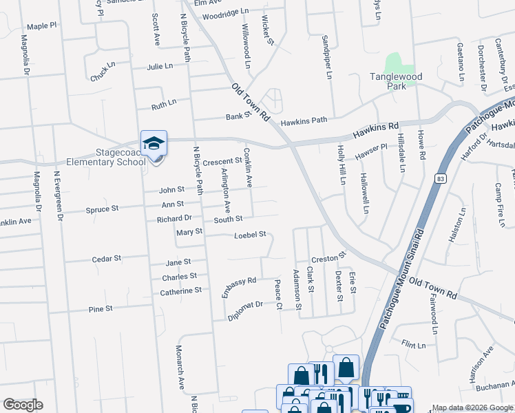 map of restaurants, bars, coffee shops, grocery stores, and more near 15 South Street in Selden