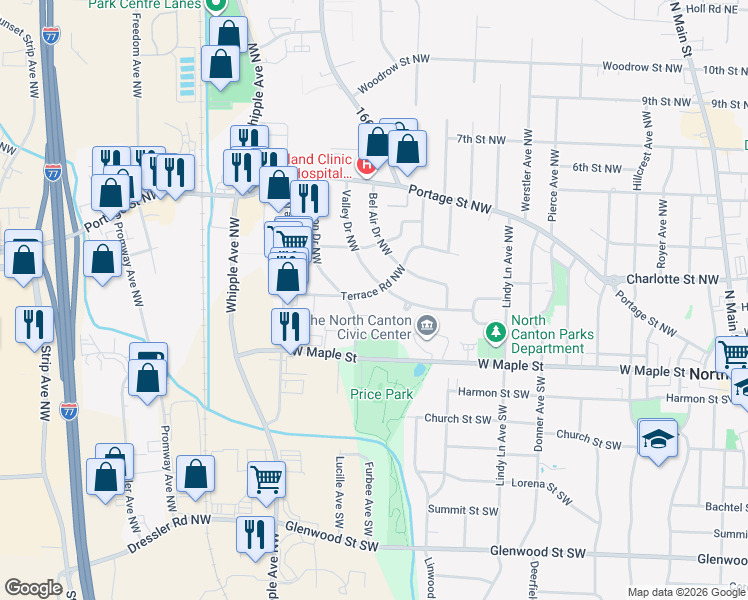 map of restaurants, bars, coffee shops, grocery stores, and more near 1176 Terrace Road Northwest in North Canton