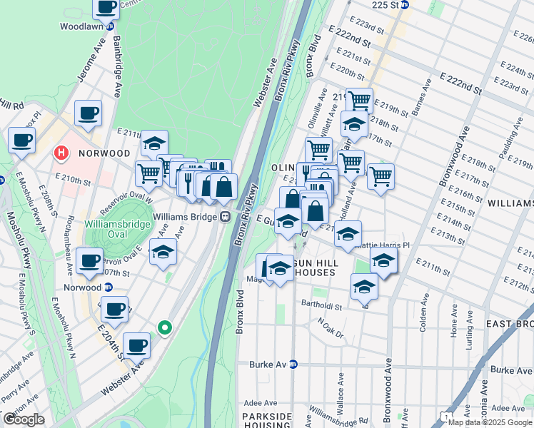 map of restaurants, bars, coffee shops, grocery stores, and more near 625 East Gun Hill Road in Bronx