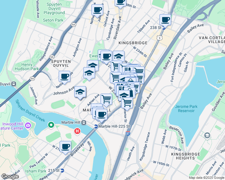 map of restaurants, bars, coffee shops, grocery stores, and more near West 230th Street & Kingsbridge Avenue in Bronx