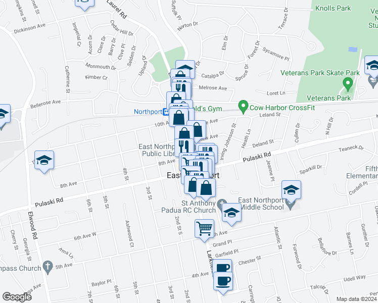 map of restaurants, bars, coffee shops, grocery stores, and more near 163 Larkfield Road in East Northport