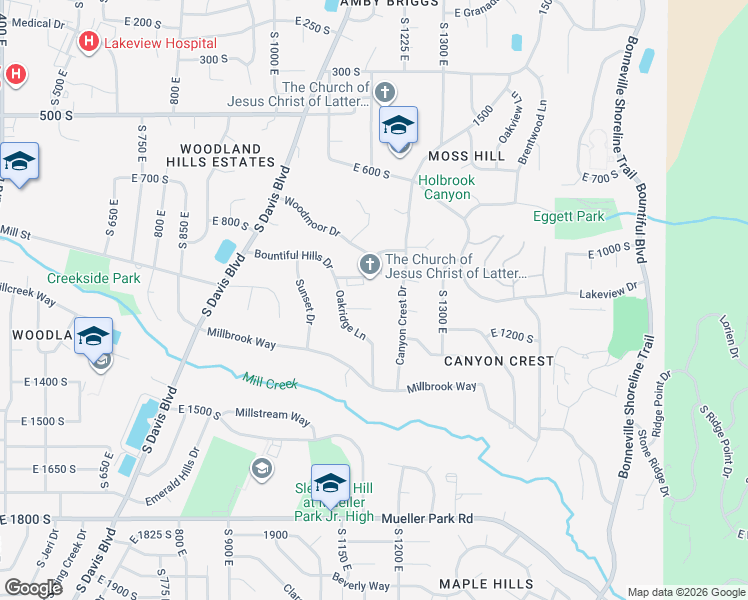 map of restaurants, bars, coffee shops, grocery stores, and more near 1187 East Oakridge Circle in Bountiful