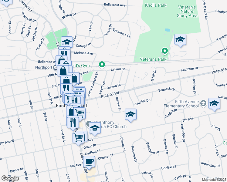 map of restaurants, bars, coffee shops, grocery stores, and more near 1056 Pulaski Road in East Northport