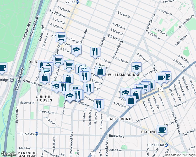 map of restaurants, bars, coffee shops, grocery stores, and more near 945 East 214th Street in Bronx