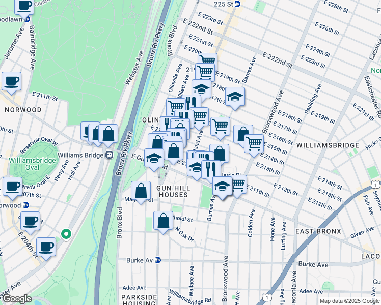 map of restaurants, bars, coffee shops, grocery stores, and more near 728 East 212th Street in Bronx