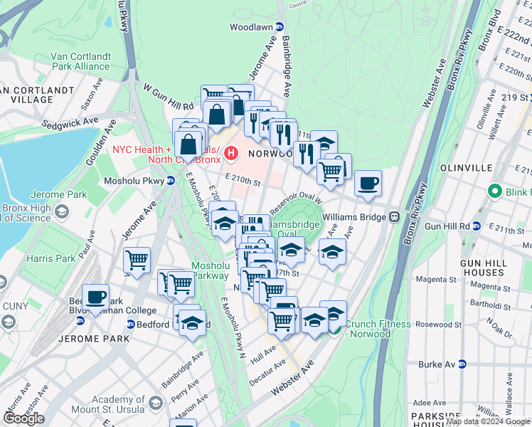 map of restaurants, bars, coffee shops, grocery stores, and more near 3300 Bainbridge Avenue in Bronx