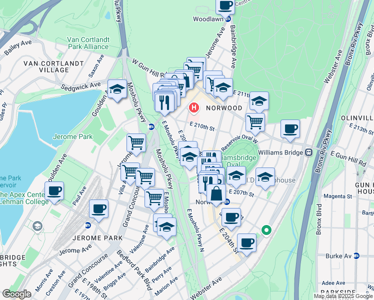 map of restaurants, bars, coffee shops, grocery stores, and more near 106 East 208th Street in Bronx