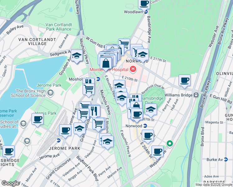 map of restaurants, bars, coffee shops, grocery stores, and more near 88 East 208th Street in Bronx