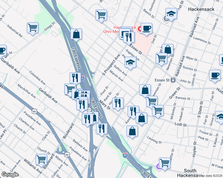 map of restaurants, bars, coffee shops, grocery stores, and more near 159 Kent Street in Hackensack
