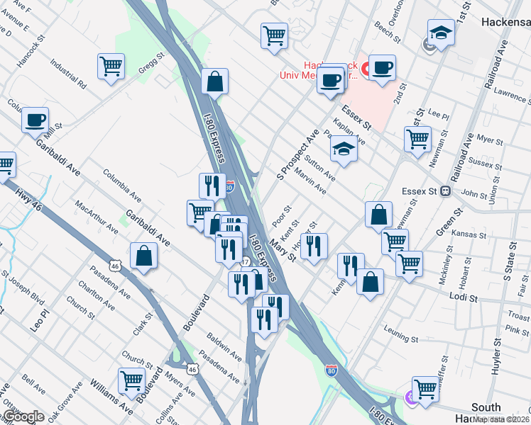 map of restaurants, bars, coffee shops, grocery stores, and more near 334 Mary Street in Hackensack