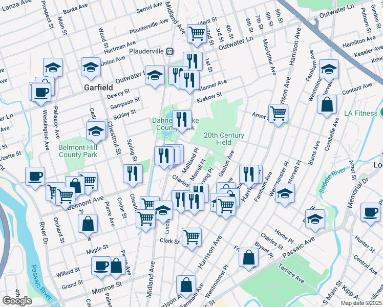 map of restaurants, bars, coffee shops, grocery stores, and more near 14 Karl Place in Garfield