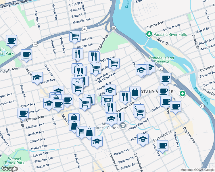 map of restaurants, bars, coffee shops, grocery stores, and more near 165 Knapp Avenue in Clifton