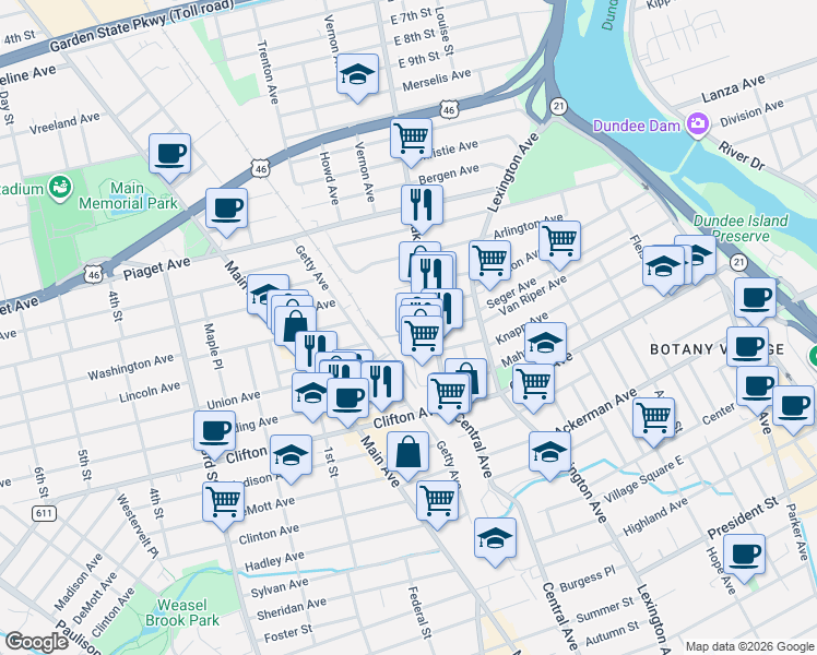 map of restaurants, bars, coffee shops, grocery stores, and more near 90 Lakeview Avenue in Clifton