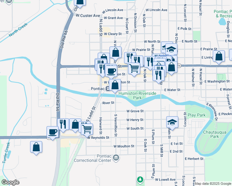 map of restaurants, bars, coffee shops, grocery stores, and more near in Pontiac