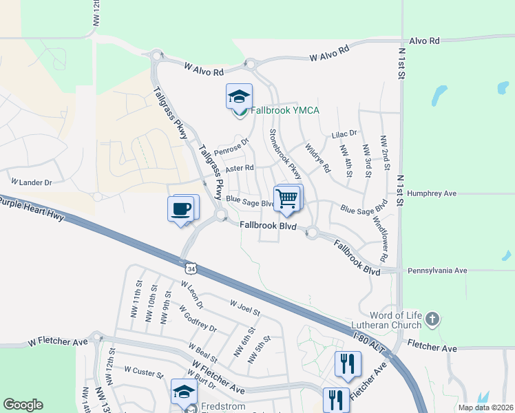 map of restaurants, bars, coffee shops, grocery stores, and more near 700 Fallbrook Boulevard in Lincoln