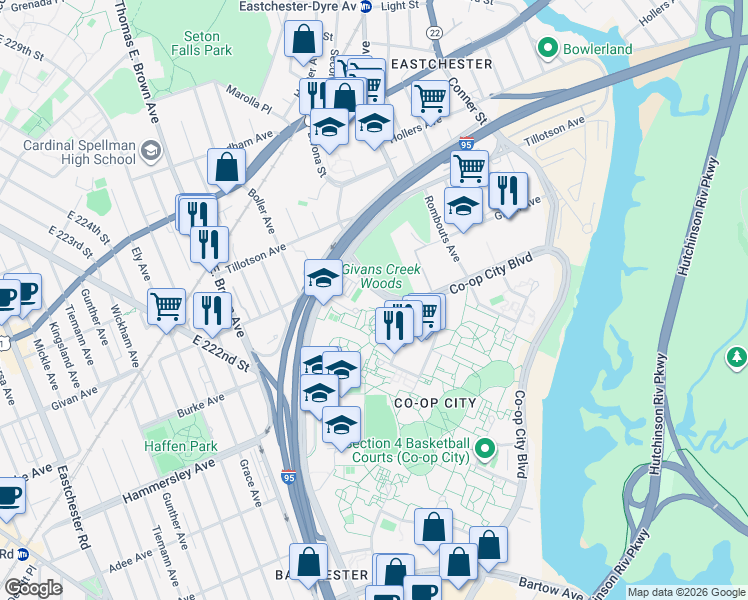 map of restaurants, bars, coffee shops, grocery stores, and more near 148-83-148-99 Darrow Place in Bronx