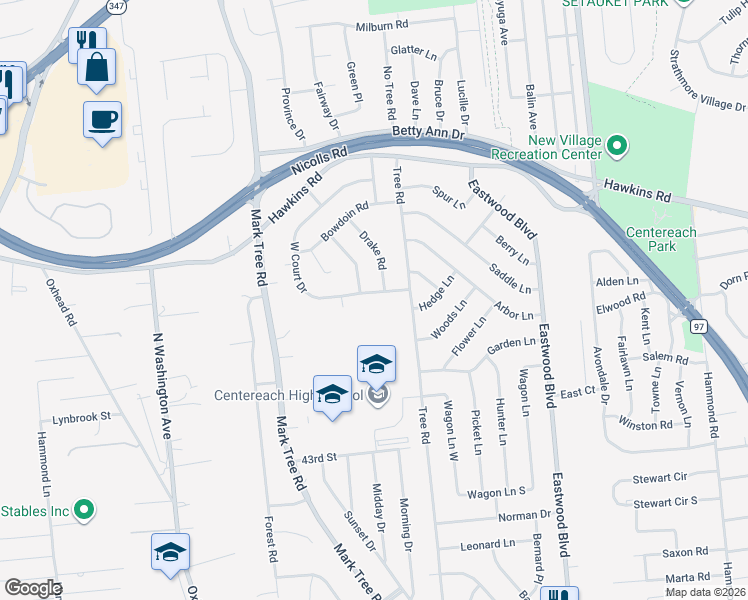 map of restaurants, bars, coffee shops, grocery stores, and more near 14 West Court Drive in Centereach