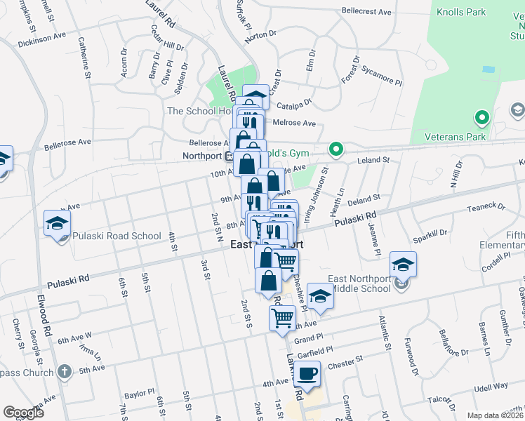 map of restaurants, bars, coffee shops, grocery stores, and more near 163 Larkfield Road in East Northport