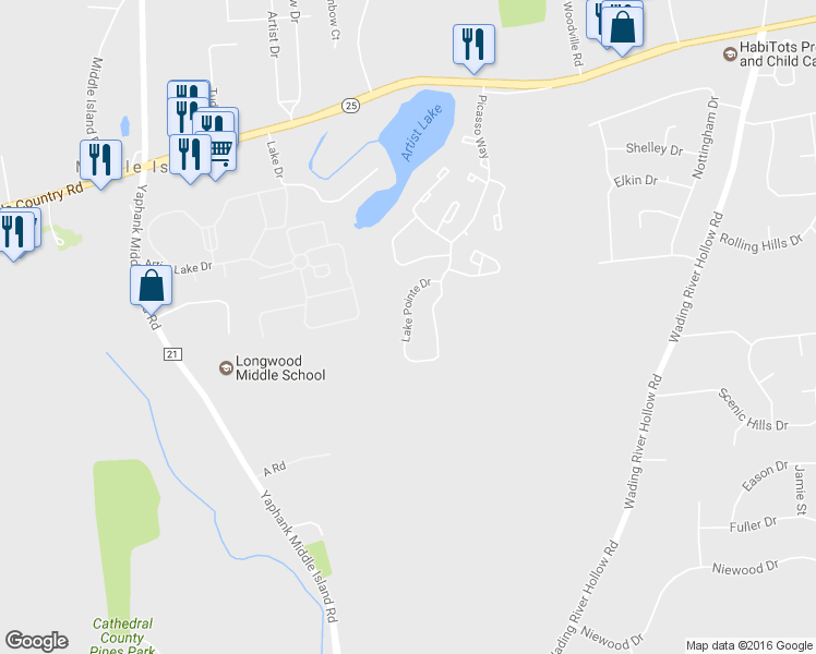 map of restaurants, bars, coffee shops, grocery stores, and more near 418 Lake Pointe Drive in Middle Island