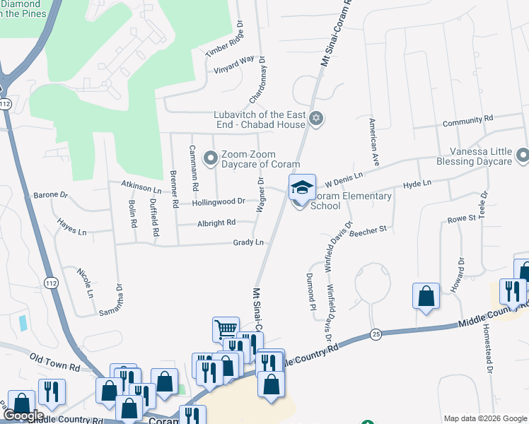 map of restaurants, bars, coffee shops, grocery stores, and more near 25 Wagner Drive in Coram