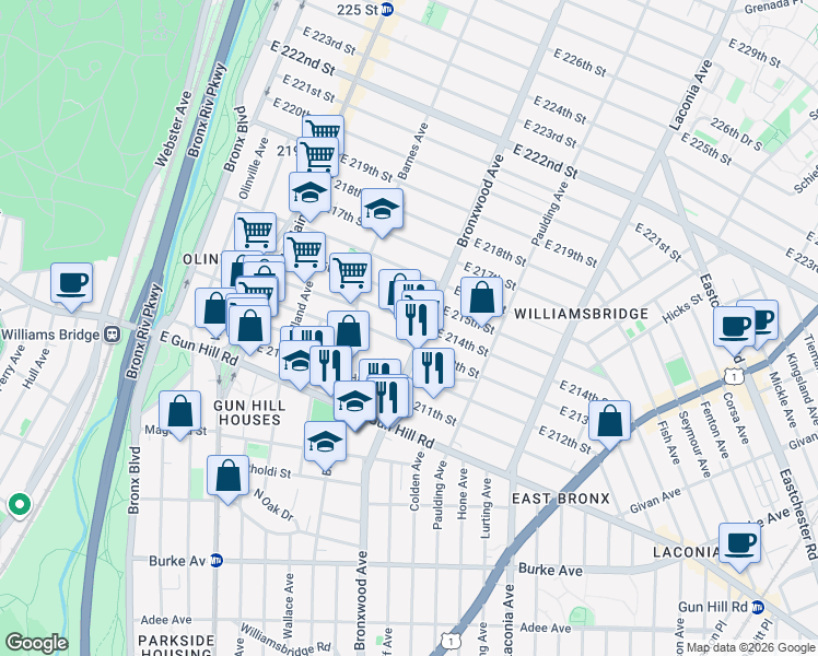 map of restaurants, bars, coffee shops, grocery stores, and more near 849 East 213th Street in Bronx