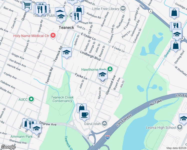 map of restaurants, bars, coffee shops, grocery stores, and more near 163 Fycke Lane in Teaneck
