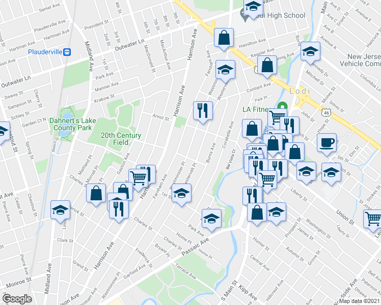 map of restaurants, bars, coffee shops, grocery stores, and more near 328 Westminster Place in Lodi