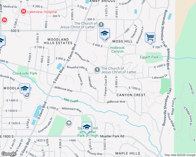 map of restaurants, bars, coffee shops, grocery stores, and more near 1187 East Oakridge Circle in Bountiful