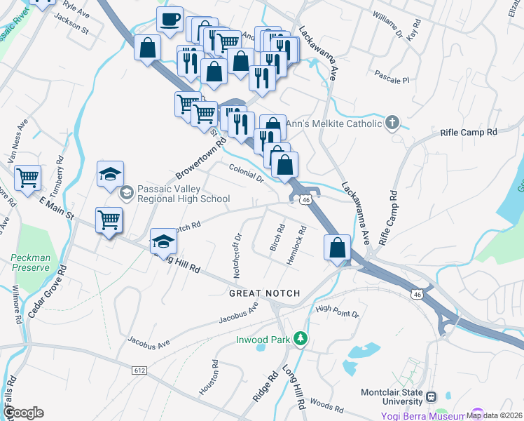 map of restaurants, bars, coffee shops, grocery stores, and more near 8 Notchcroft Drive in Little Falls