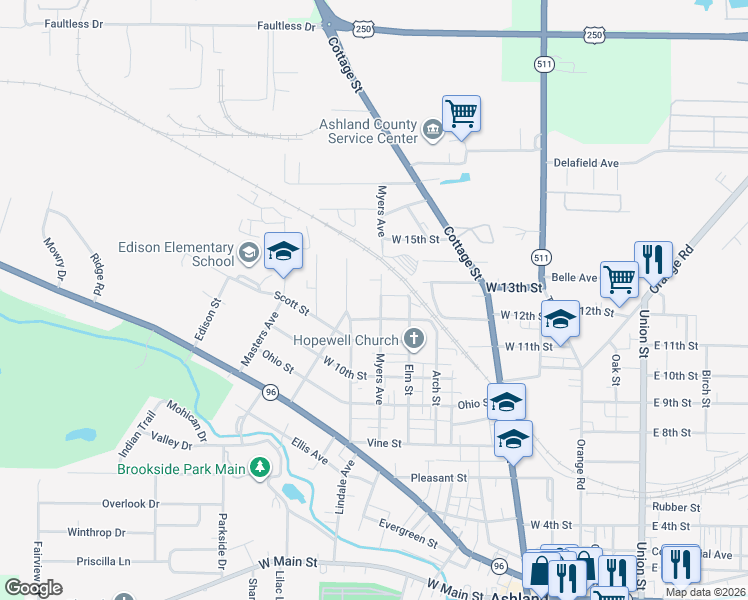 map of restaurants, bars, coffee shops, grocery stores, and more near 1208 Myers Avenue in Ashland