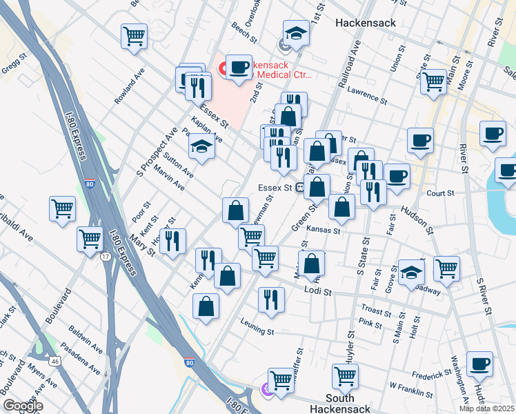 map of restaurants, bars, coffee shops, grocery stores, and more near 71 S Newman St in Hackensack