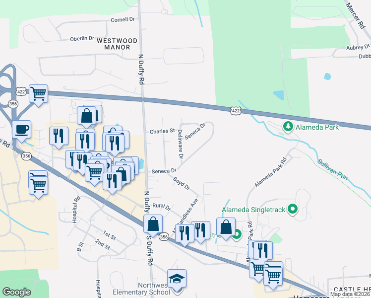 map of restaurants, bars, coffee shops, grocery stores, and more near 160 Seneca Drive in Butler