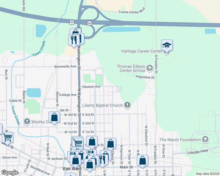 map of restaurants, bars, coffee shops, grocery stores, and more near 680 North Walnut Street in Van Wert
