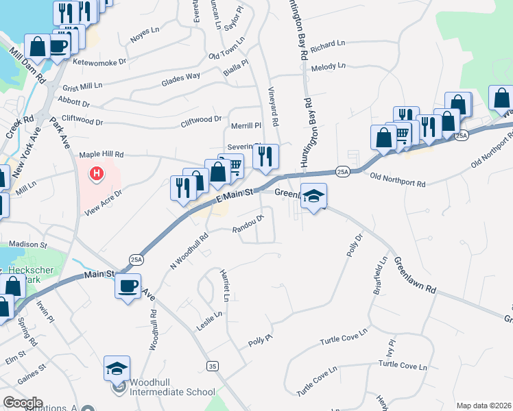 map of restaurants, bars, coffee shops, grocery stores, and more near 14 Jarvis Court in Huntington