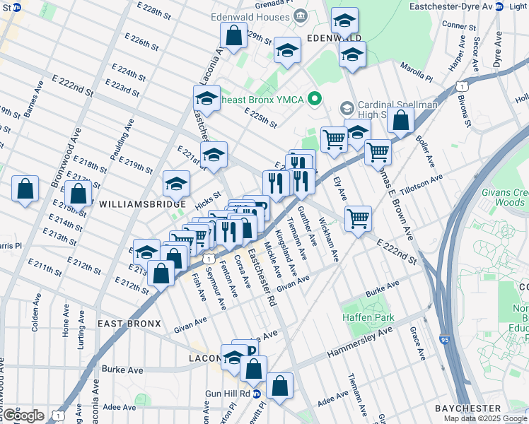 map of restaurants, bars, coffee shops, grocery stores, and more near 3545 Boston Road in Bronx