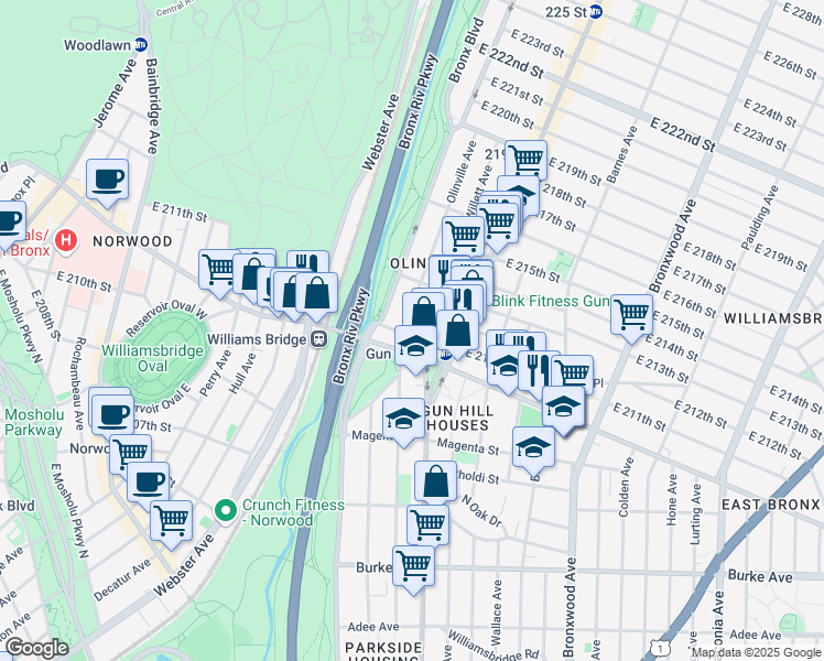 map of restaurants, bars, coffee shops, grocery stores, and more near in The Bronx