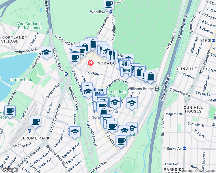 map of restaurants, bars, coffee shops, grocery stores, and more near 3324 Reservoir Oval East in Bronx