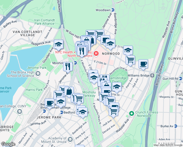map of restaurants, bars, coffee shops, grocery stores, and more near 88 East 208th Street in Bronx