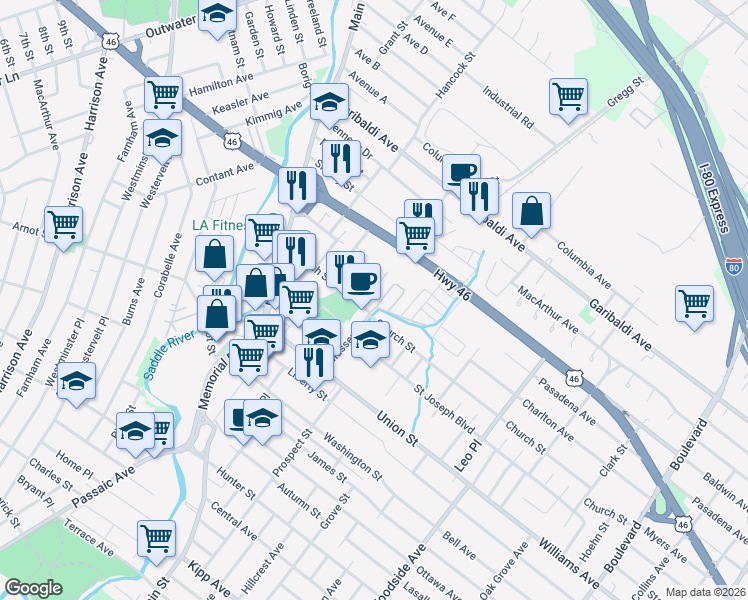 map of restaurants, bars, coffee shops, grocery stores, and more near 100 Church Street in Lodi