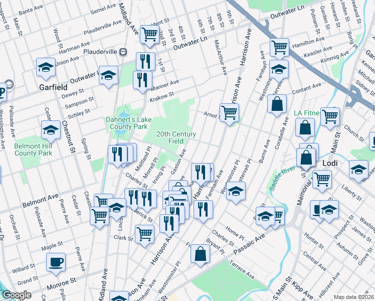 map of restaurants, bars, coffee shops, grocery stores, and more near 215 Malcolm Avenue in Garfield