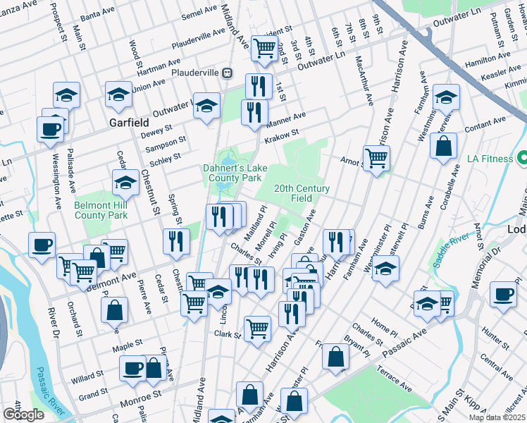 map of restaurants, bars, coffee shops, grocery stores, and more near 101 Morrell Place in Garfield