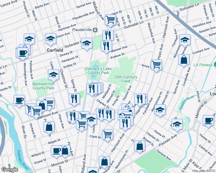 map of restaurants, bars, coffee shops, grocery stores, and more near 14 Karl Place in Garfield