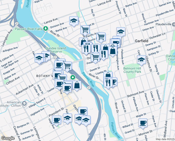 map of restaurants, bars, coffee shops, grocery stores, and more near 614 River Drive in Garfield