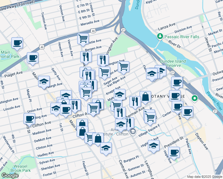 map of restaurants, bars, coffee shops, grocery stores, and more near 165 Knapp Avenue in Clifton