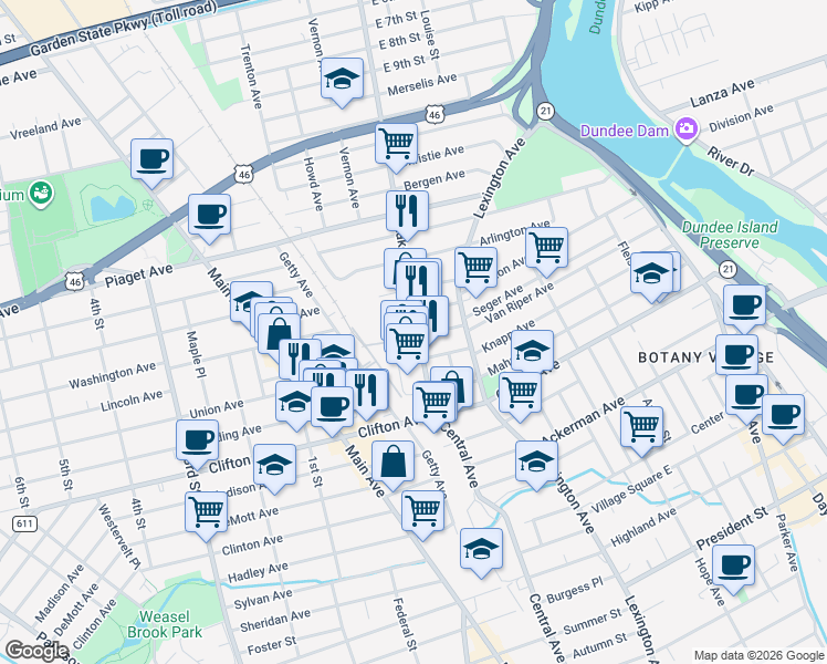 map of restaurants, bars, coffee shops, grocery stores, and more near 90 Lakeview Avenue in Clifton