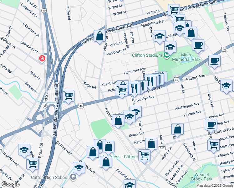 map of restaurants, bars, coffee shops, grocery stores, and more near 544 U.S. 46 in Clifton