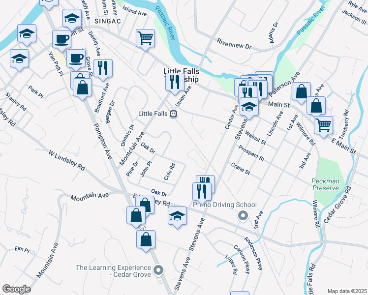 map of restaurants, bars, coffee shops, grocery stores, and more near 44 Oak Drive in Little Falls